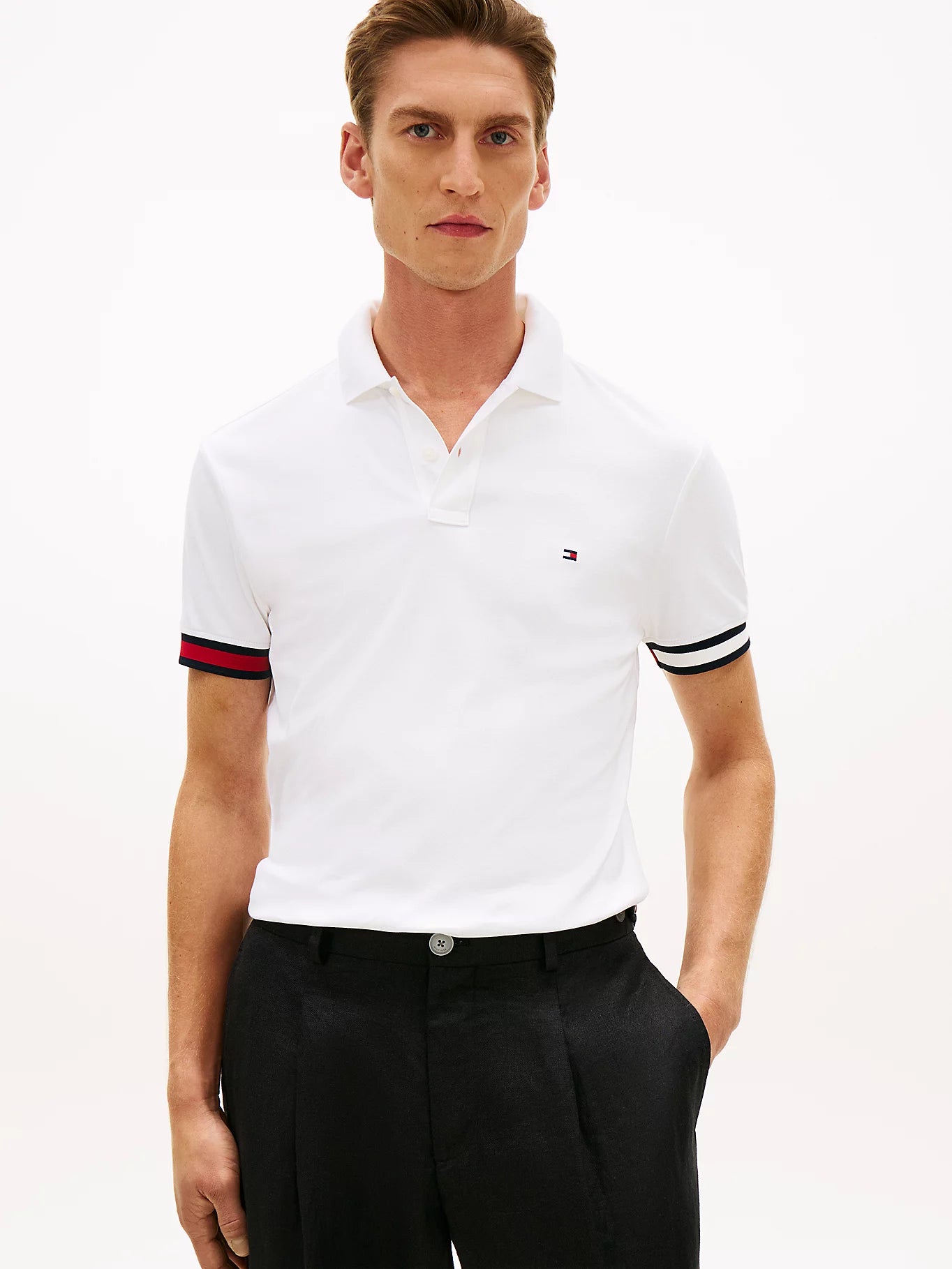 tommy hilfiger polo uomo bianca slim fit cotone interlock logo petto