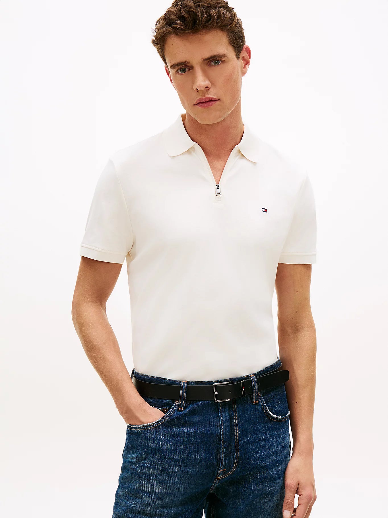 tommy hilfiger polo uomo bianca cotone interlock zip fronte