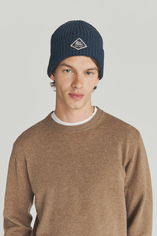 Cappello beanie unisex Roy Roger’s in maglia a coste blue navy con label in denim