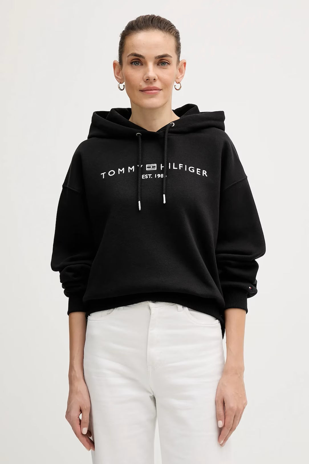 tommy hilfiger felpa donna nera cappuccio logo frontale