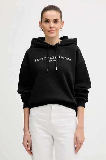 tommy hilfiger felpa donna nera cappuccio logo frontale