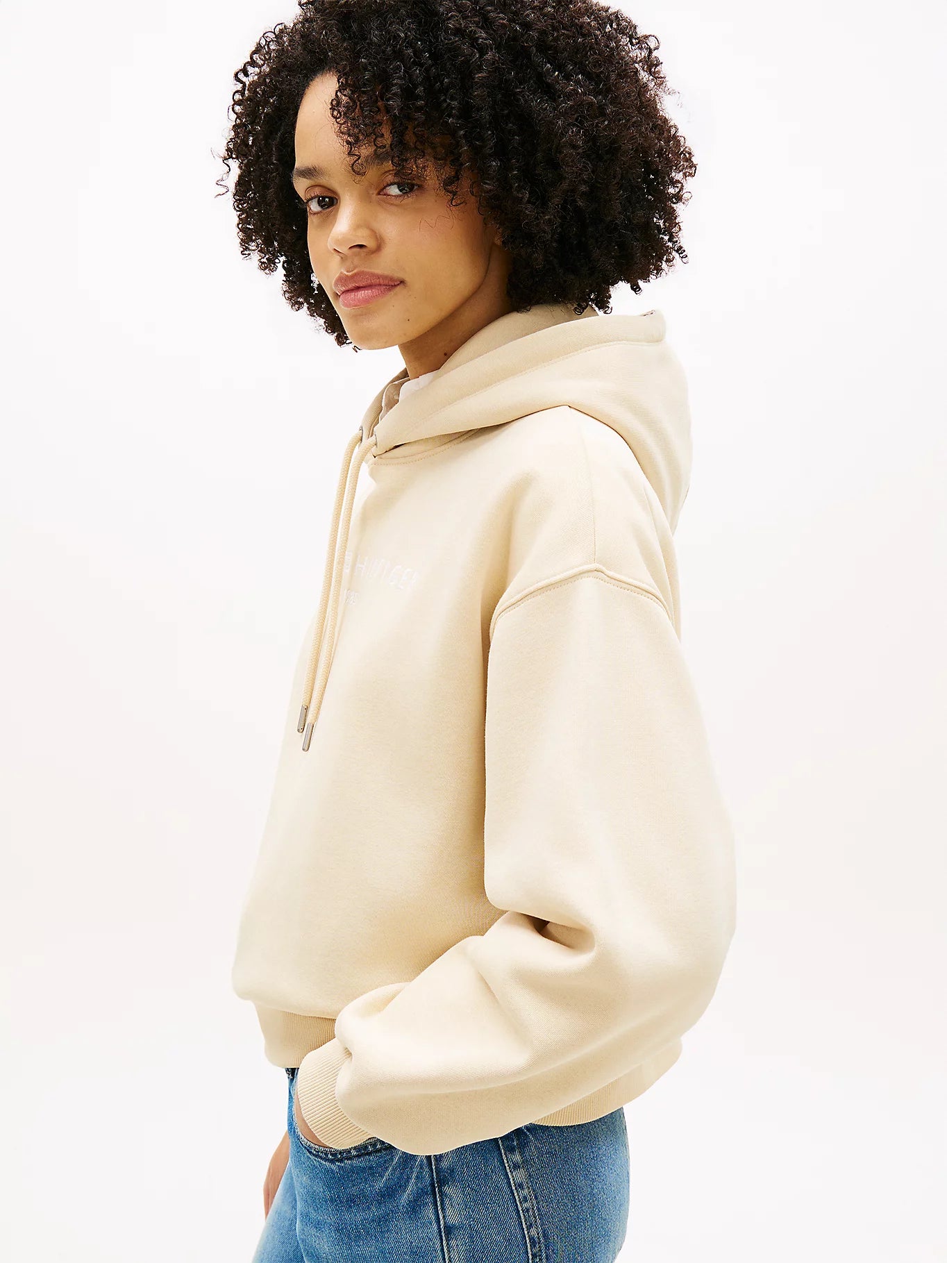 tommy hilfiger felpa donna beige dettaglio cappuccio