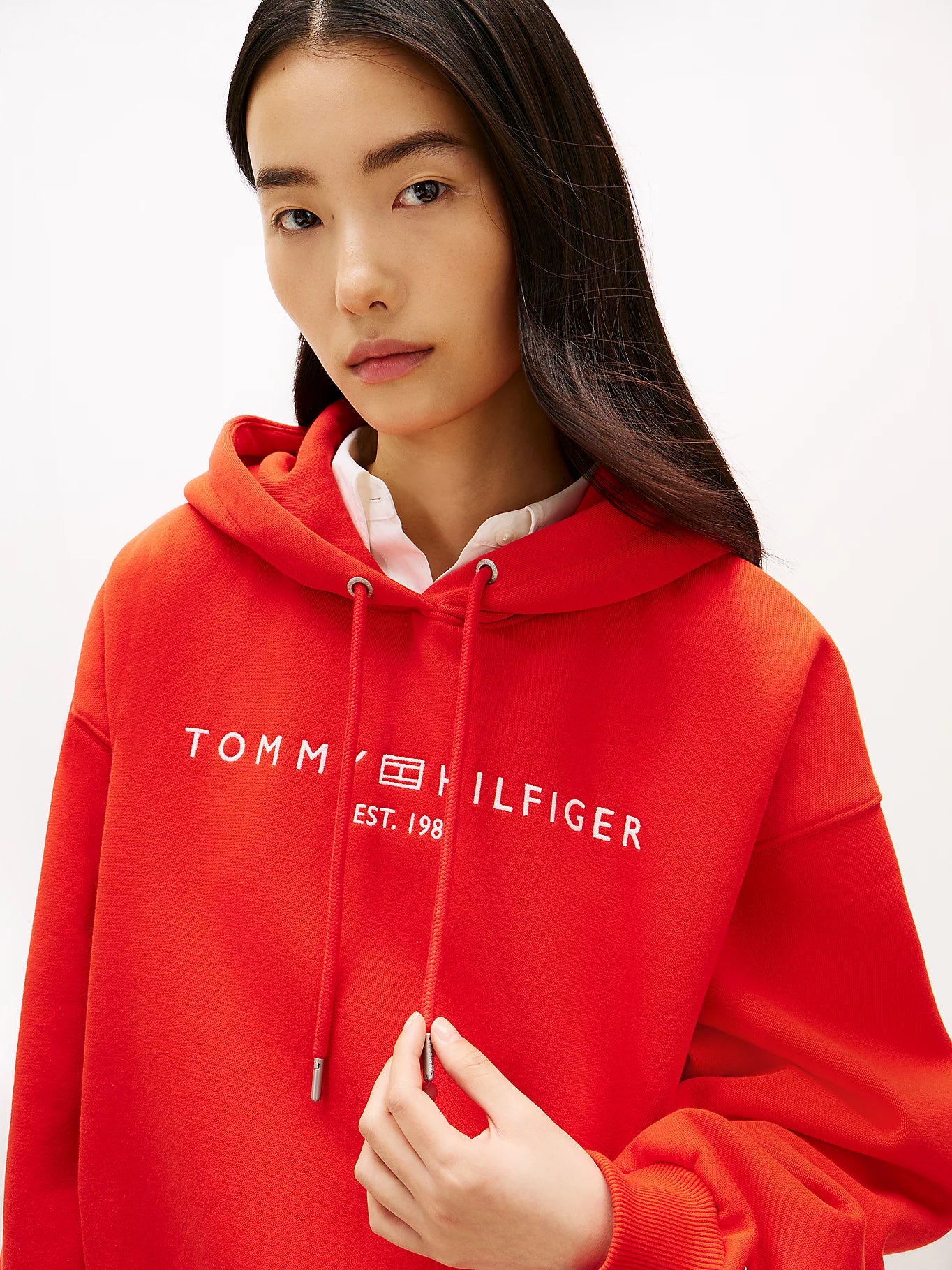 Felpa donna Tommy Hilfiger con cappuccio relaxed fit rossa logo frontale WW0WW47832SNE