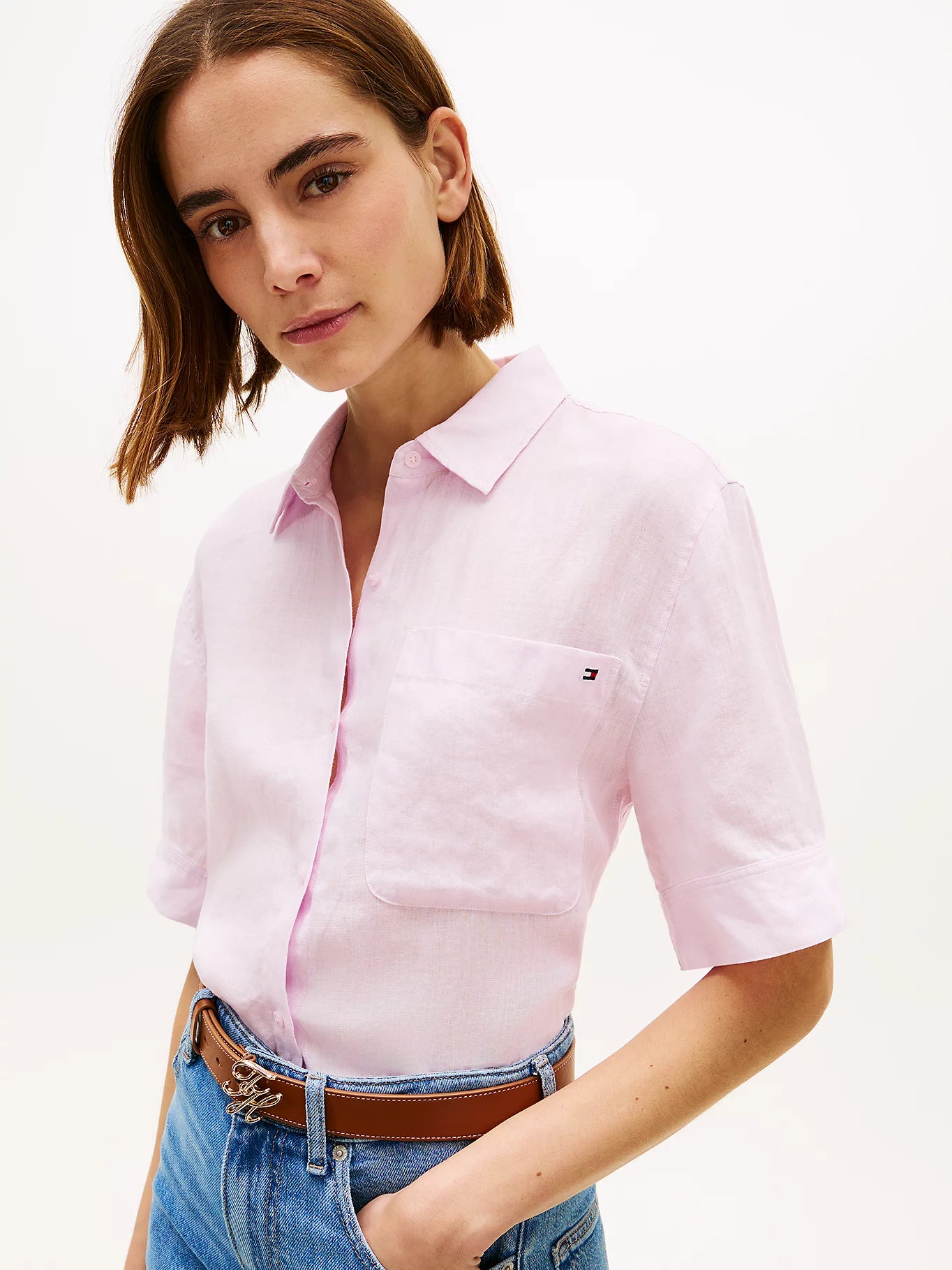 Camicia donna Tommy Hilfiger in lino relaxed fit rosa maniche corte WW0WW48925VQU