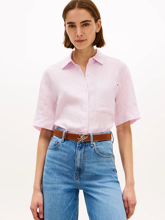 Camicia donna Tommy Hilfiger in lino relaxed fit rosa maniche corte WW0WW48925VQU
