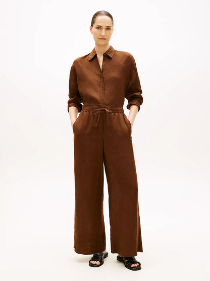 Tommy Hilfiger women's relaxed fit wide linen trousers brown WW0WW48970GV0