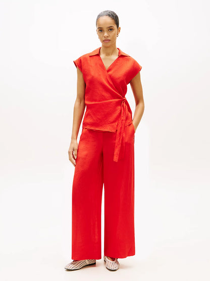Tommy Hilfiger women's red wide relaxed fit linen trousers WW0WW48970SNE