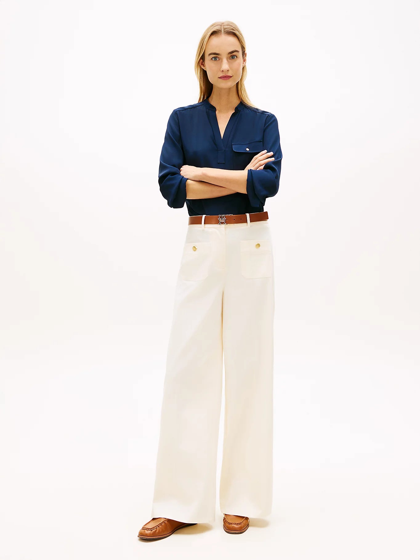 Pantalone donna Tommy Hilfiger chino ampio bianco con bottoni dorati WW0WW49002AEF