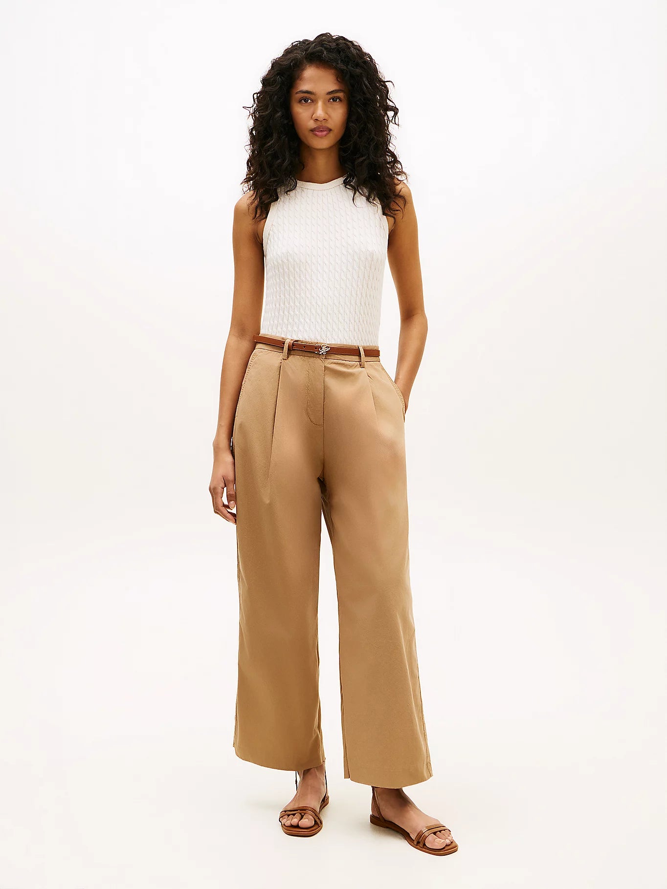 Pantaloni donna Tommy Hilfiger ampi in cotone washed beige  WW0WW49594RBH