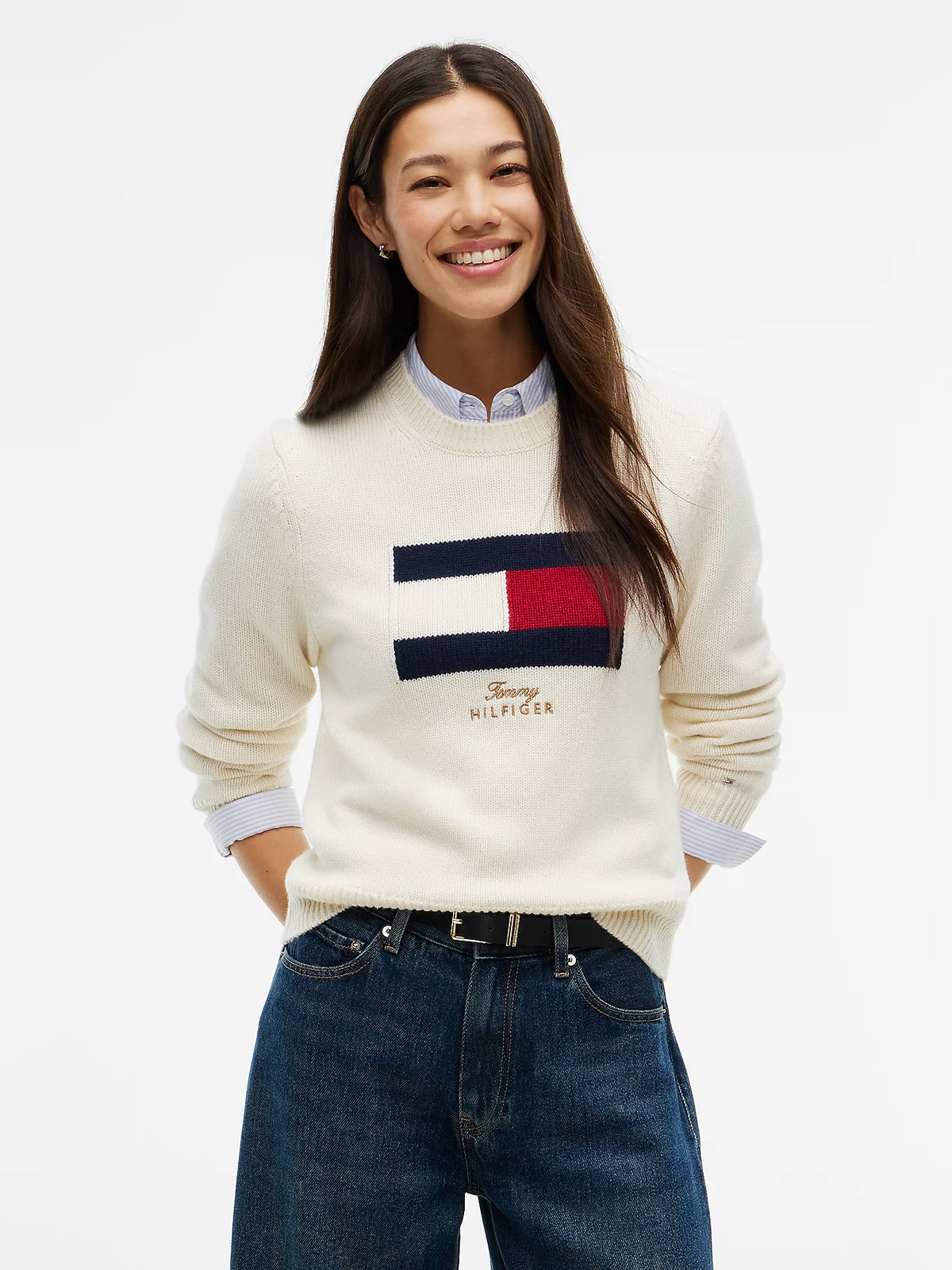 Tommy Hilfiger maglia donna Pullover con cashmere e bandierina ricamata WW0WW51450Z00 - immagine 1