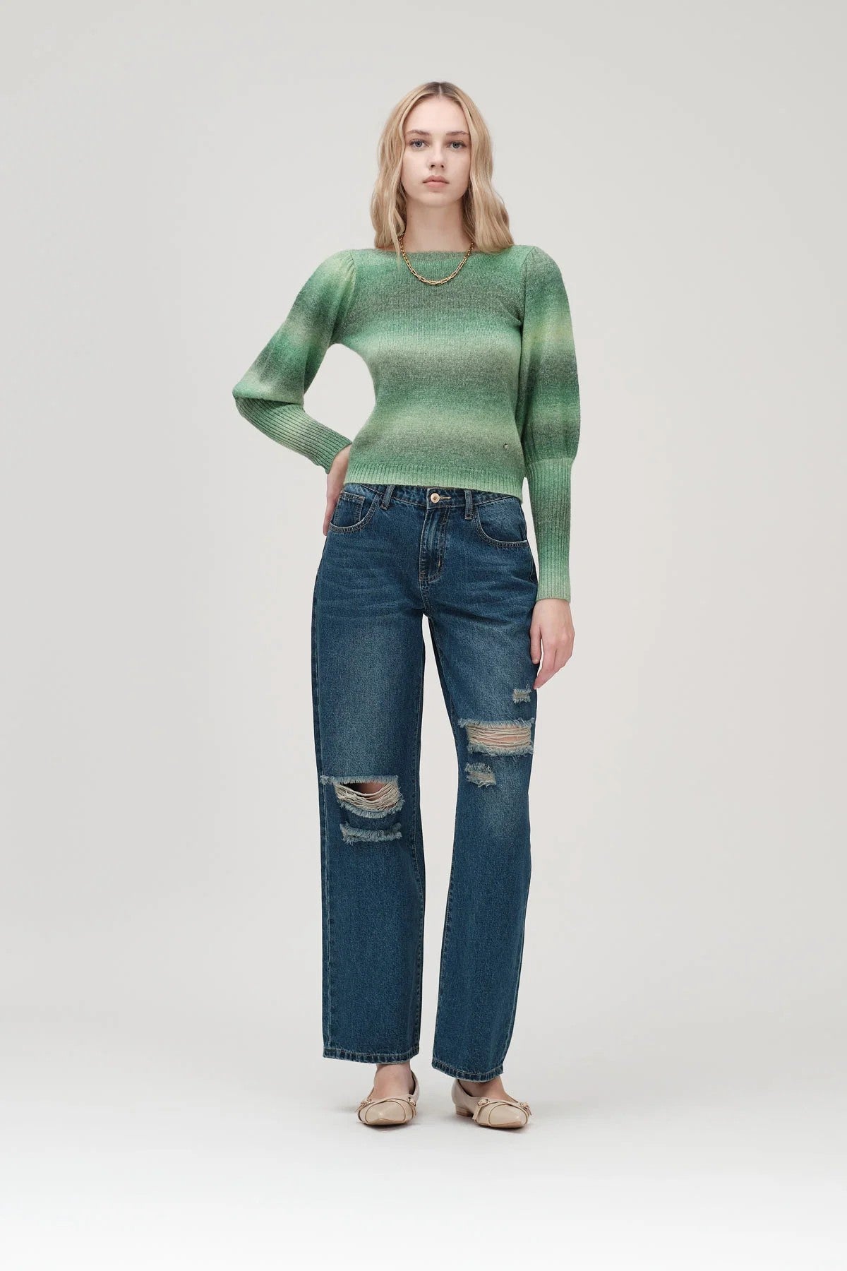 Maglia Donna White Wise Degradé Manica Palloncino Verde