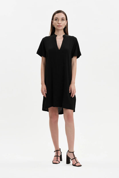 Abito corto donna White Wise nero in cotone scollo a V
