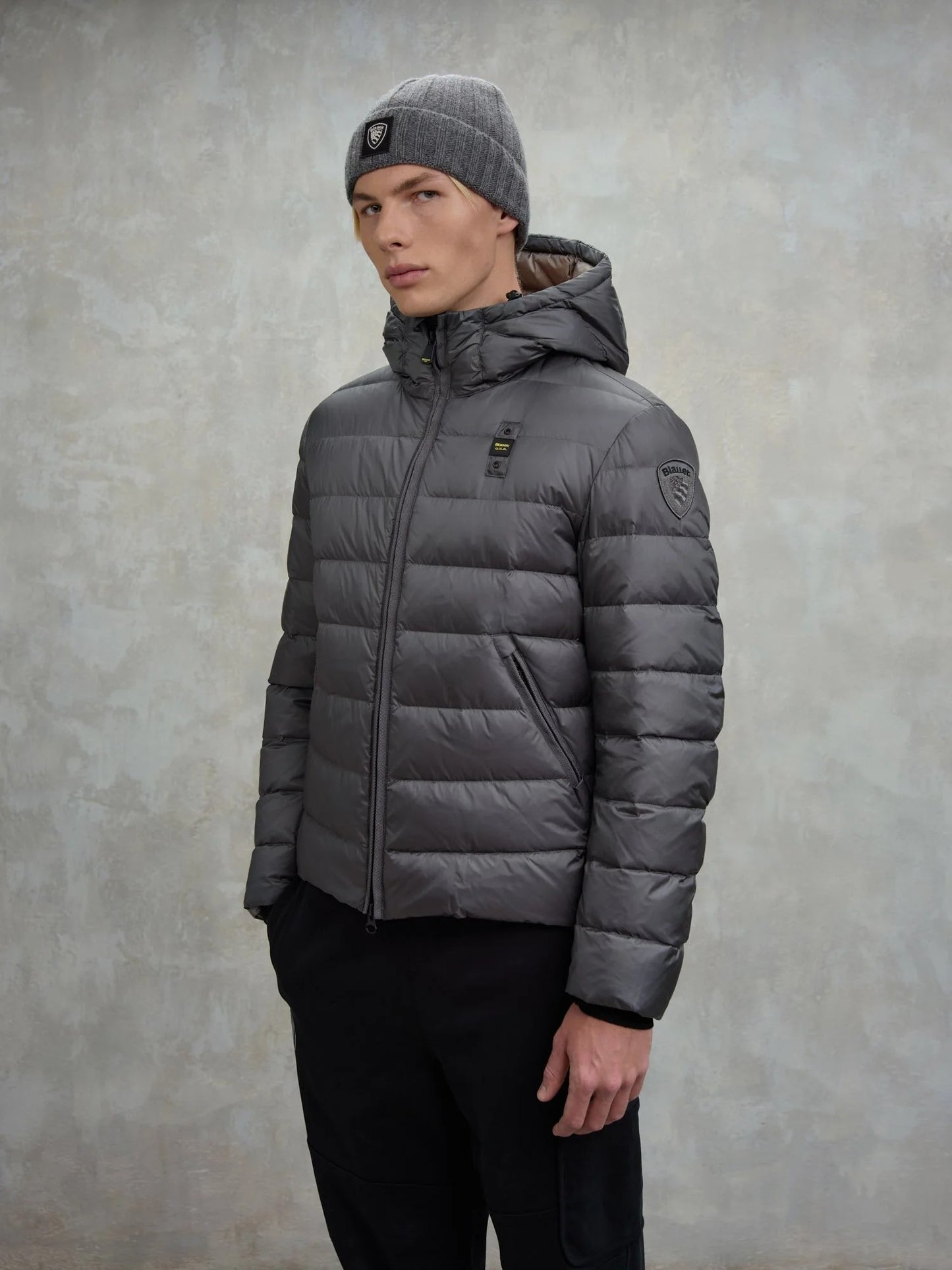Blauer piumino uomo Acton trapuntato grigio con cappuccio fisso