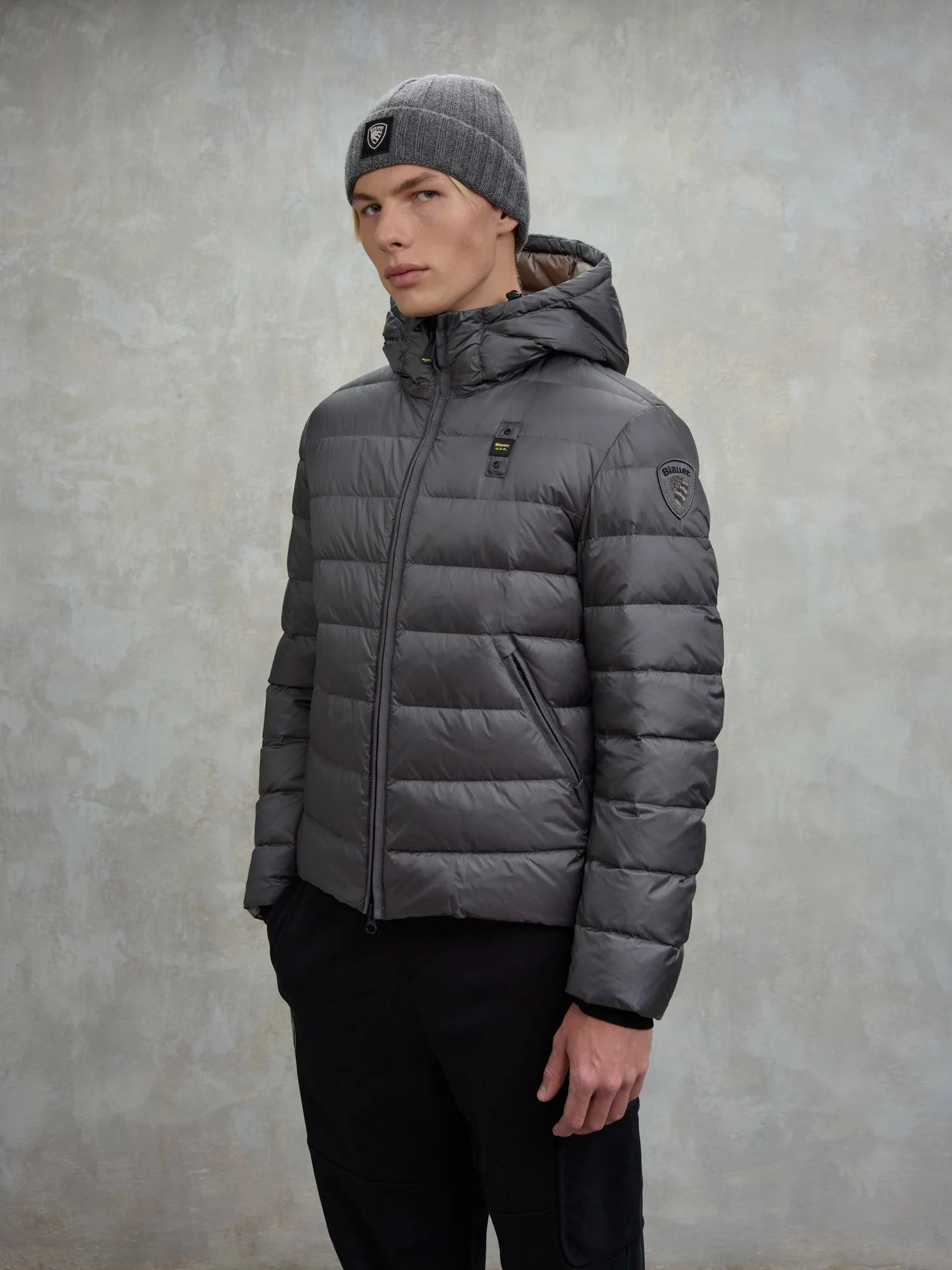 Blauer piumino uomo Acton trapuntato grigio con cappuccio fisso