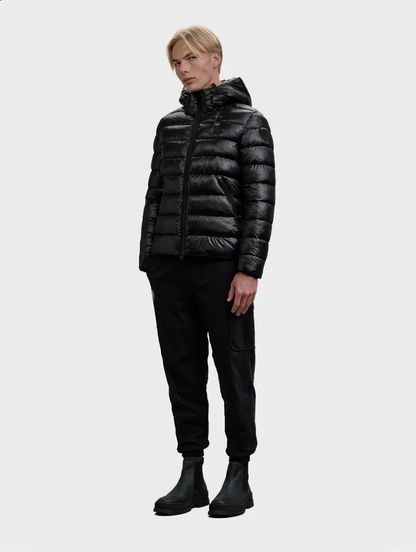 Giubbino Blauer Adams da uomo nero con cappuccio, imbottito, vestibilità regolare, foto studio frontale