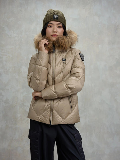 Blauer piumino donna Alicia trapuntato beige con cappuccio e bordo in pelliccia