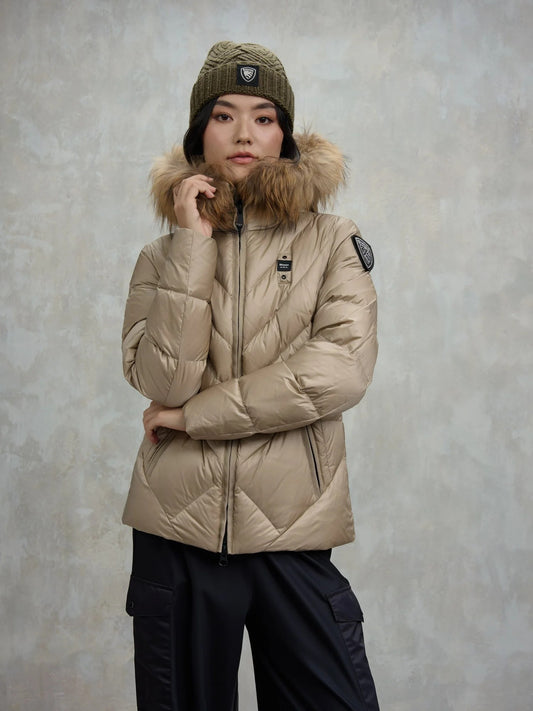 Blauer piumino donna Alicia trapuntato beige con cappuccio e bordo in pelliccia