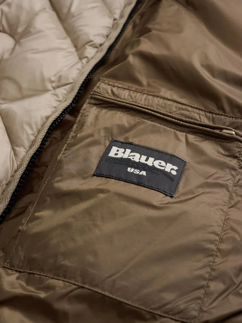 Blauer piumino donna Alicia trapuntato beige con cappuccio e bordo in pelliccia dettaglio
