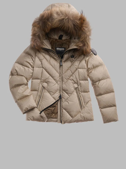 Blauer piumino donna Alicia trapuntato beige con cappuccio e bordo in pelliccia
