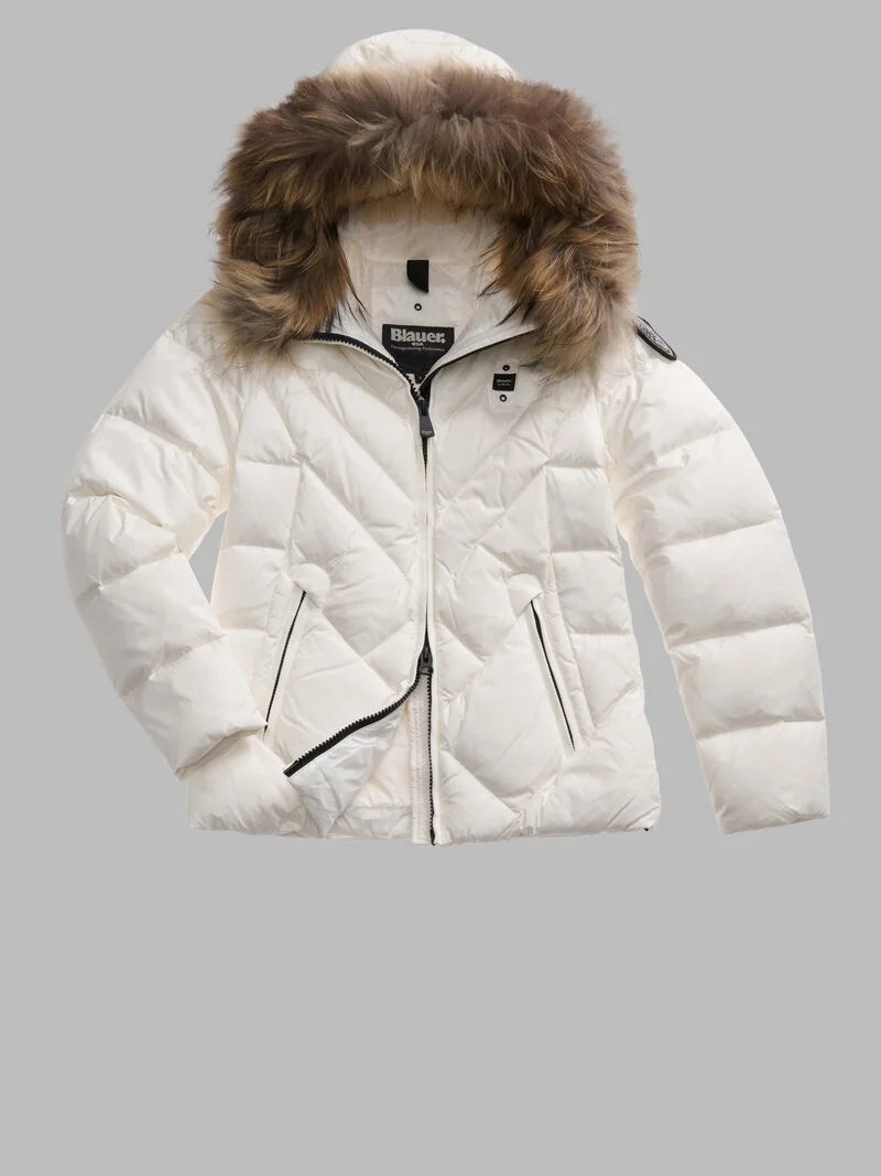 Blauer piumino donna Alicia trapuntato bianco con cappuccio e bordo in pelliccia fronte