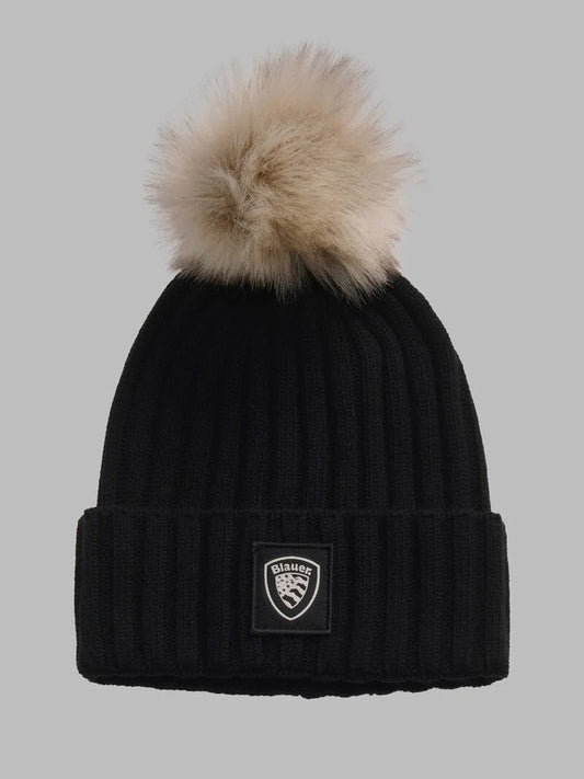 Cappello donna Blauer berretto a costine in lana con pon pon eco pelliccia nero