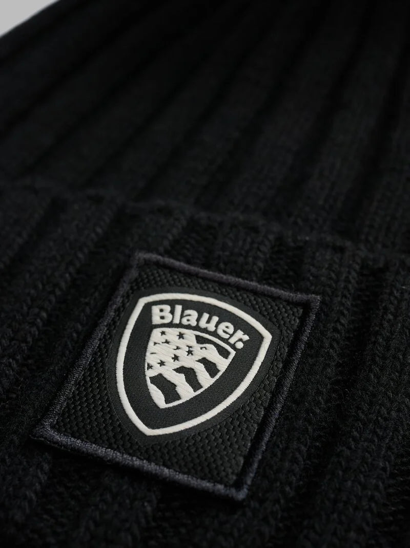 Blauer Cappello donna berretto a costine con pon pon eco pelliccia