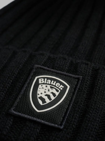 Blauer Cappello donna berretto a costine con pon pon eco pelliccia