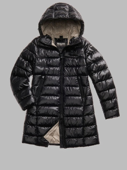 Blauer giubbino donna Adelaide lungo in nylon micro rip nero con cappuccio fisso e imbottitura ecologica Sorona® Aura fronte