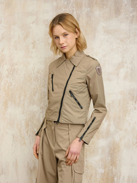 Giubbino donna Blauer Zamora modello chiodo in nylon foderato con zip e revers doppi