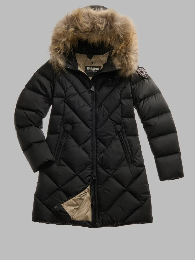 Giubbino donna lungo Blauer Althea trapuntato con cappuccio e pelliccia nero fronte