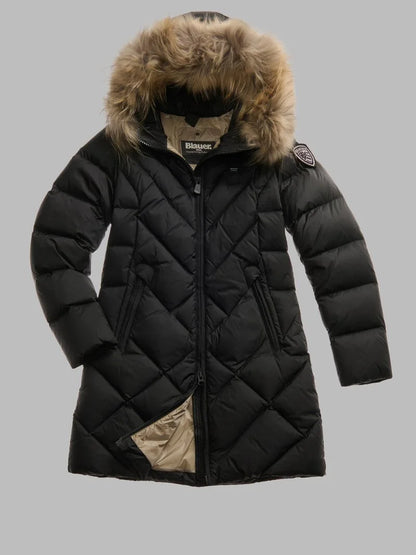 Giubbino donna lungo Blauer Althea trapuntato con cappuccio e pelliccia nero fronte