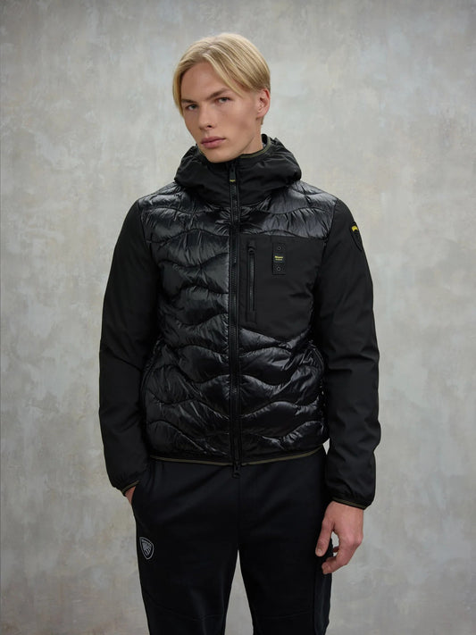 Giubbino uomo Blauer Albert in neoprene e nylon trapuntato con cappuccio nero