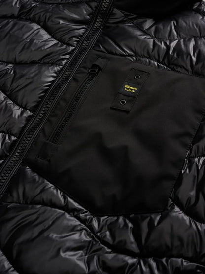 Giubbino uomo Blauer Albert in neoprene e nylon trapuntato con cappuccio nero dettaglio