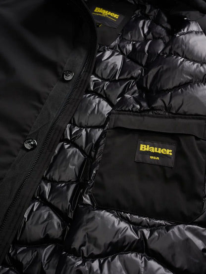 Parka uomo Blauer Chester in neoprene liscio idrorepellente con cappuccio removibile dettaglio
