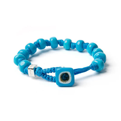 Braccialetto Aua Cielo unisex in vetro azzurro con cordoncino cerato e dado in argento 925