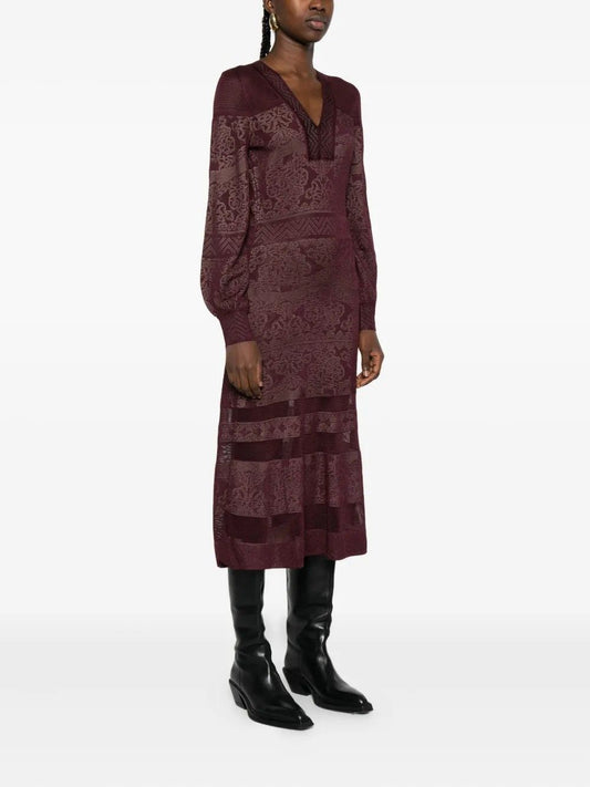 Abito jacquard borgogna da donna, vista laterale, lunghezza midi