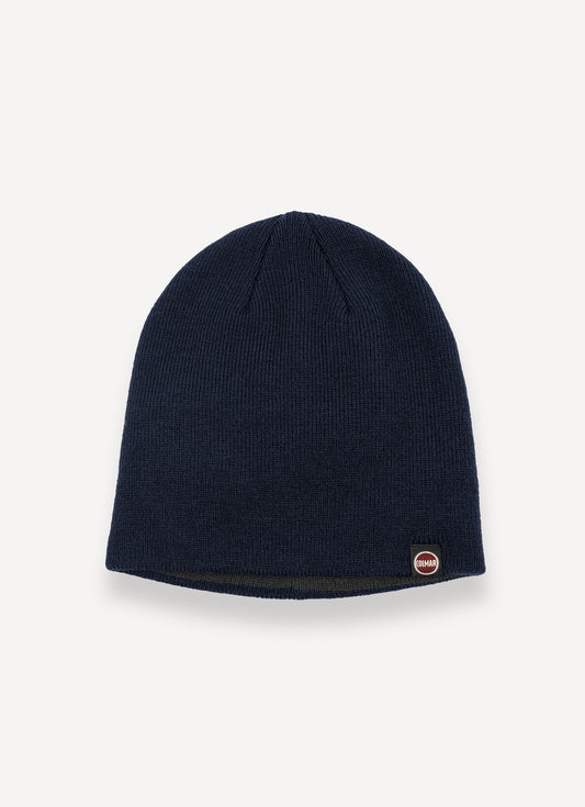 Cappello beanie unisex Colmar blu a costine con interno a contrasto e logo laterale