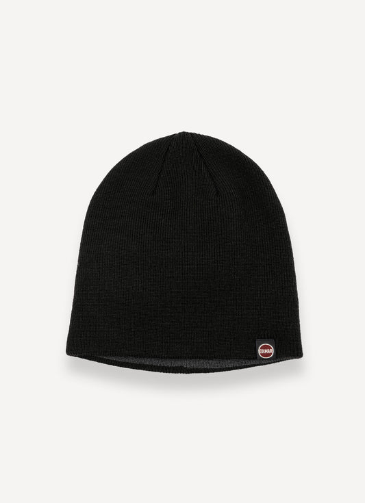 Cappello beanie unisex Colmar nero a costine con interno a contrasto e logo laterale