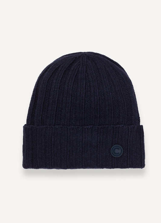 Cappello unisex Colmar a coste larghe blu in lana e cashmere riciclato con logo laterale