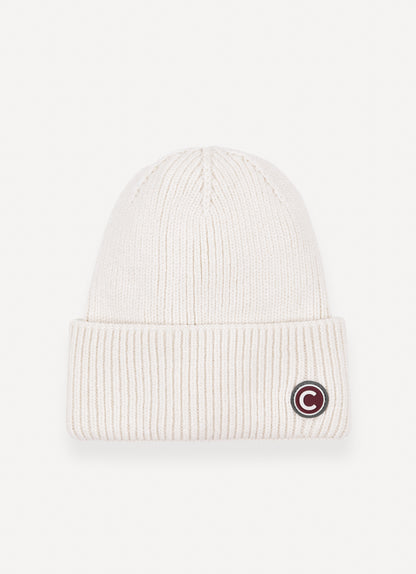 Cappello unisex Colmar bianco effetto ciniglia con risvolto e logo laterale fronte dettaglio