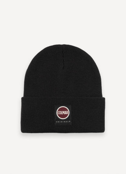 Cappello unisex Colmar in maglia nera con risvolto e logo frontale davanti
