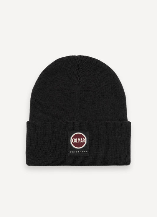 Cappello unisex Colmar in maglia nera con risvolto e logo frontale davanti