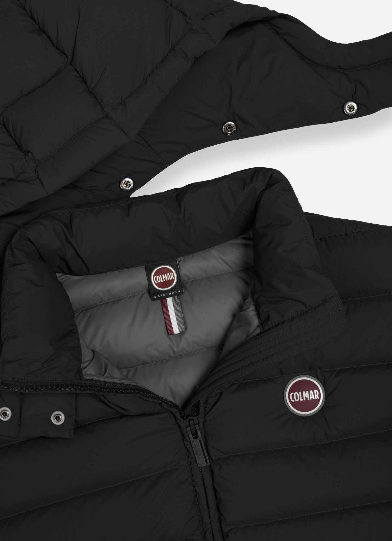 Gilet uomo Colmar nero con cappuccio staccabile e imbottitura in piuma naturale dettagli