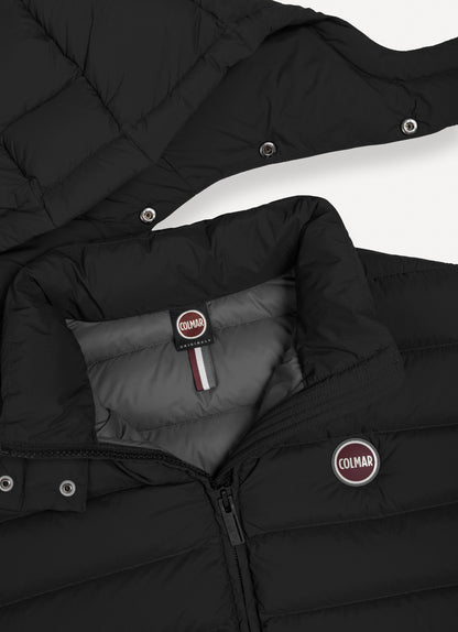 Gilet uomo Colmar nero con cappuccio staccabile e imbottitura in piuma naturale dettagli