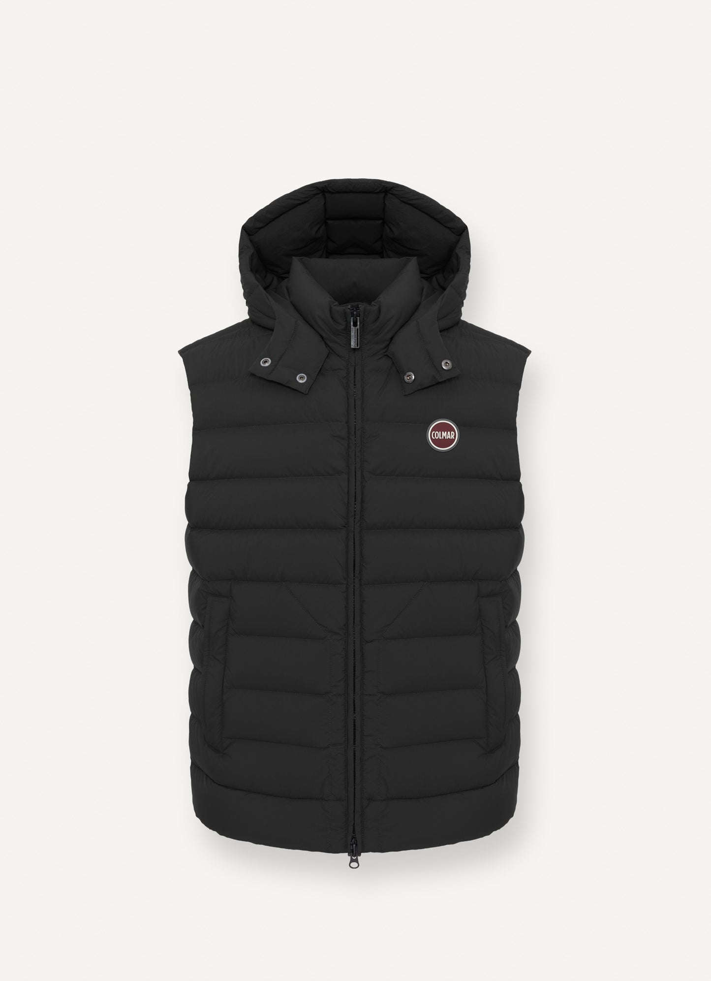 Gilet uomo Colmar nero con cappuccio staccabile e imbottitura in piuma naturale davanti