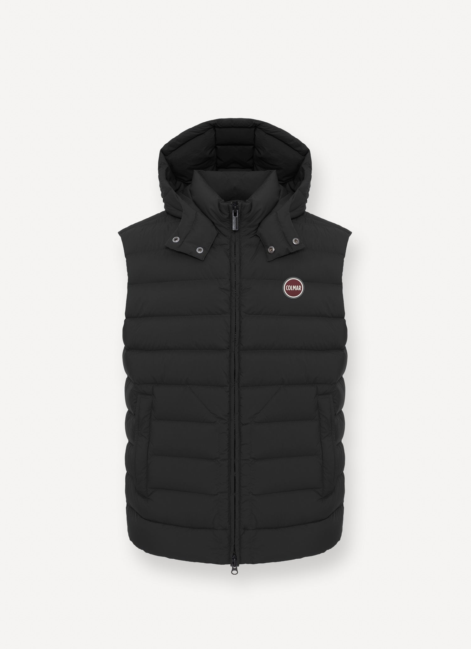 Gilet uomo Colmar nero con cappuccio staccabile e imbottitura in piuma naturale davanti
