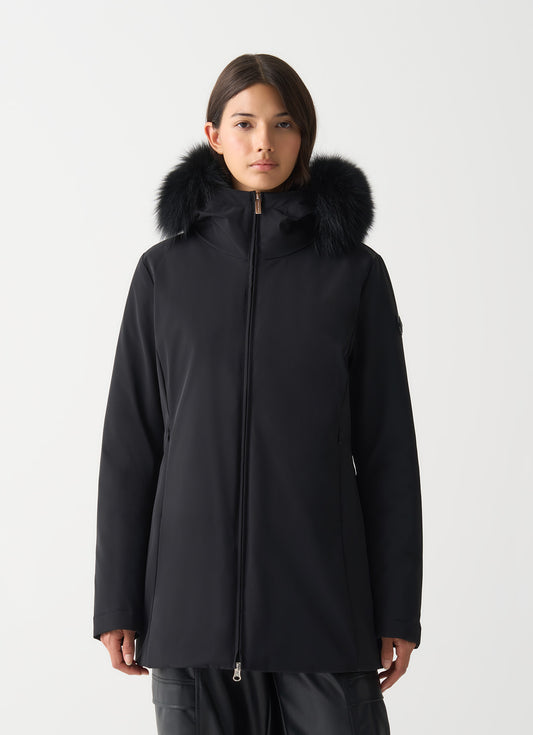 Piumino donna Colmar nero impermeabile con cappuccio e pelliccia sintetica staccabile