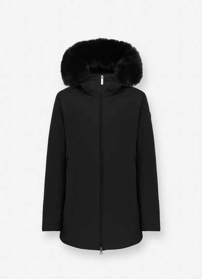 Piumino donna Colmar nero impermeabile con cappuccio e pelliccia sintetica staccabile davanti
