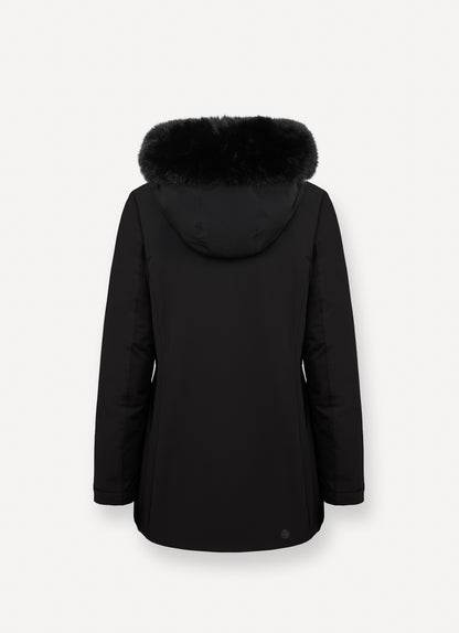 Piumino donna Colmar nero impermeabile con cappuccio e pelliccia sintetica staccabile dietro