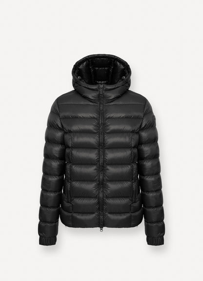 Piumino uomo Colmar nero lucido con cappuccio fisso e imbottitura in piuma naturale davanti